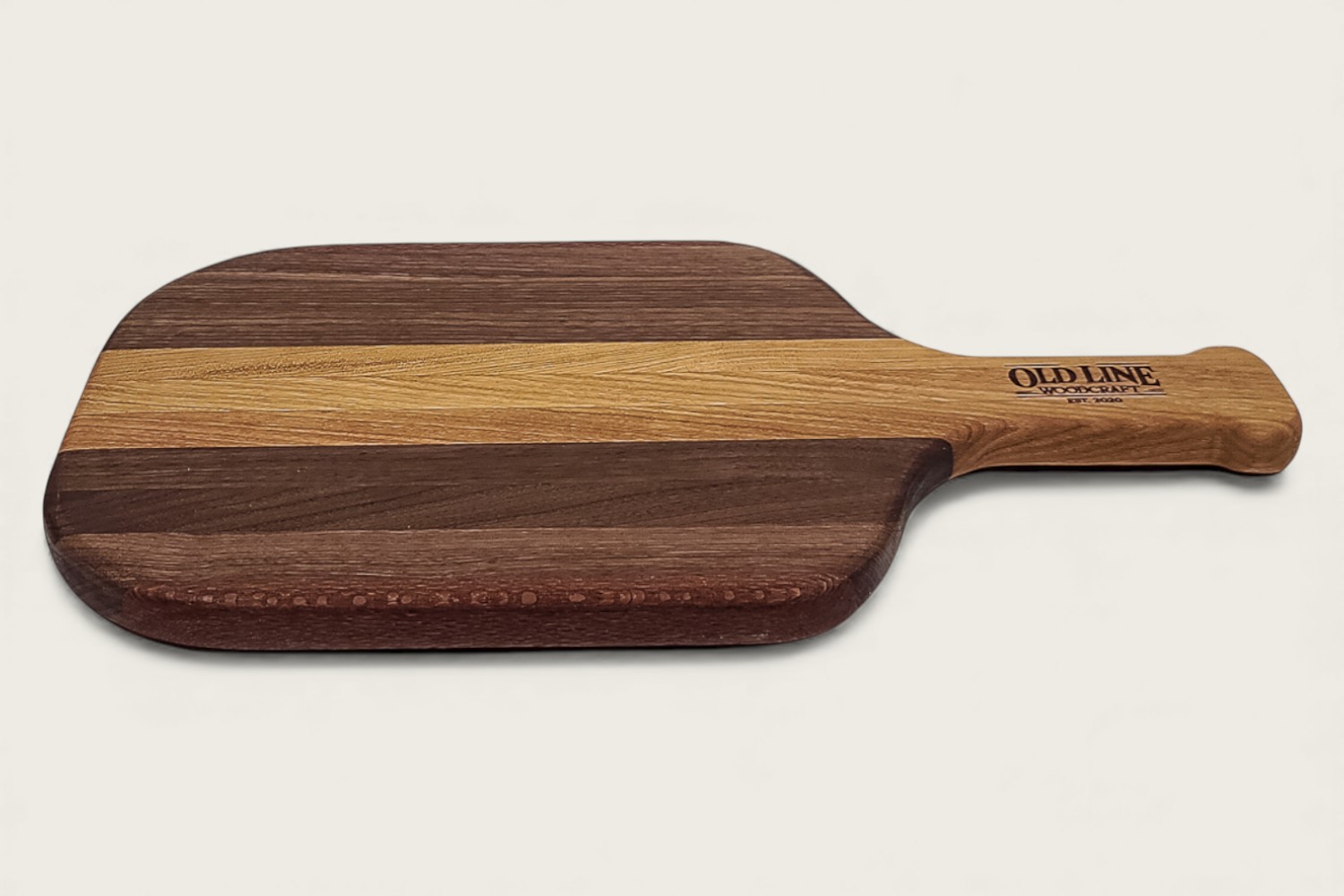 Walnut & Cherry Pickleball Prep Board (#305) with rich brown edge grain, horizontal pattern, and cutout handle.